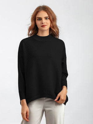 New retro loose large size long - sleeved top solid color pullover knit sweater women's half turtleneck sweater bottoming shirt - Negative Apparel