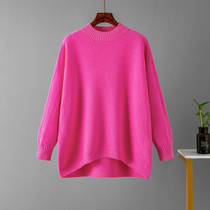 New retro loose large size long - sleeved top solid color pullover knit sweater women's half turtleneck sweater bottoming shirt - Negative Apparel