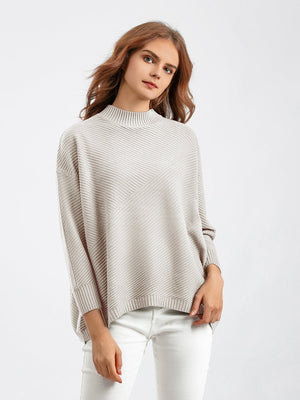 New retro loose large size long - sleeved top solid color pullover knit sweater women's half turtleneck sweater bottoming shirt - Negative Apparel