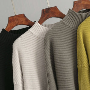 New retro loose large size long - sleeved top solid color pullover knit sweater women's half turtleneck sweater bottoming shirt - Negative Apparel