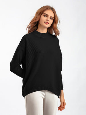 New retro loose large size long - sleeved top solid color pullover knit sweater women's half turtleneck sweater bottoming shirt - Negative Apparel