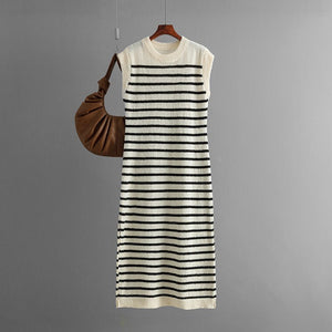 New slim - fit intercolor women's knitted sweater striped long dress fashion dress - Negative Apparel