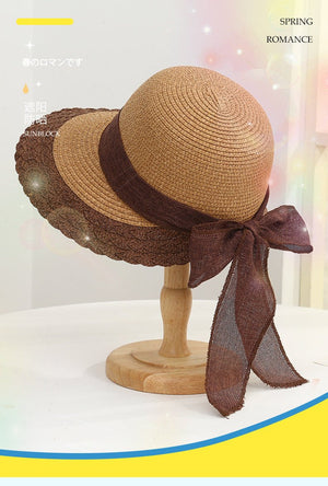 New straw hat for women on seaside vacation with bow ribbon sun hat with opening at the back of the head for ponytail sun hat - Negative Apparel