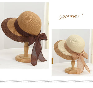 New straw hat for women on seaside vacation with bow ribbon sun hat with opening at the back of the head for ponytail sun hat - Negative Apparel