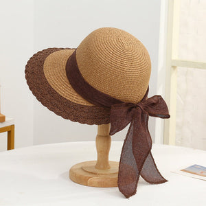 New straw hat for women on seaside vacation with bow ribbon sun hat with opening at the back of the head for ponytail sun hat - Negative Apparel