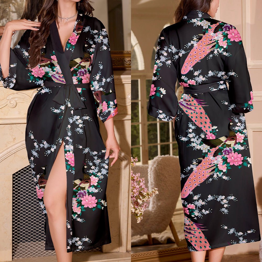 new summer ice silk nightgown peacock print thin cardigan nightgown women's loungewear WP22314 - Negative Apparel