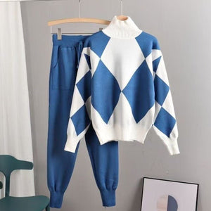 New two - piece women's sweater sportswear winter turtleneck jumper top knitted Harlan pants suit women - Negative Apparel