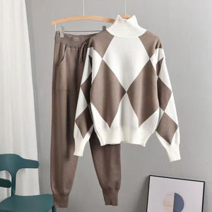 New two - piece women's sweater sportswear winter turtleneck jumper top knitted Harlan pants suit women - Negative Apparel