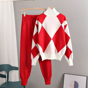 New two - piece women's sweater sportswear winter turtleneck jumper top knitted Harlan pants suit women - Negative Apparel
