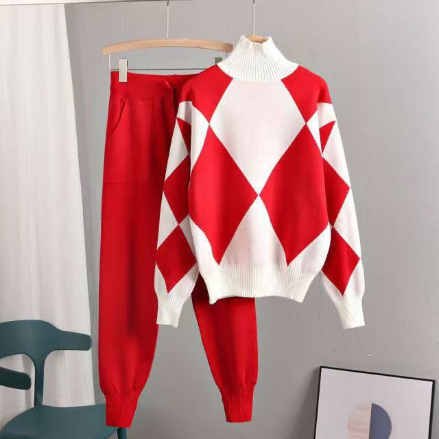 New two - piece women's sweater sportswear winter turtleneck jumper top knitted Harlan pants suit women - Negative Apparel