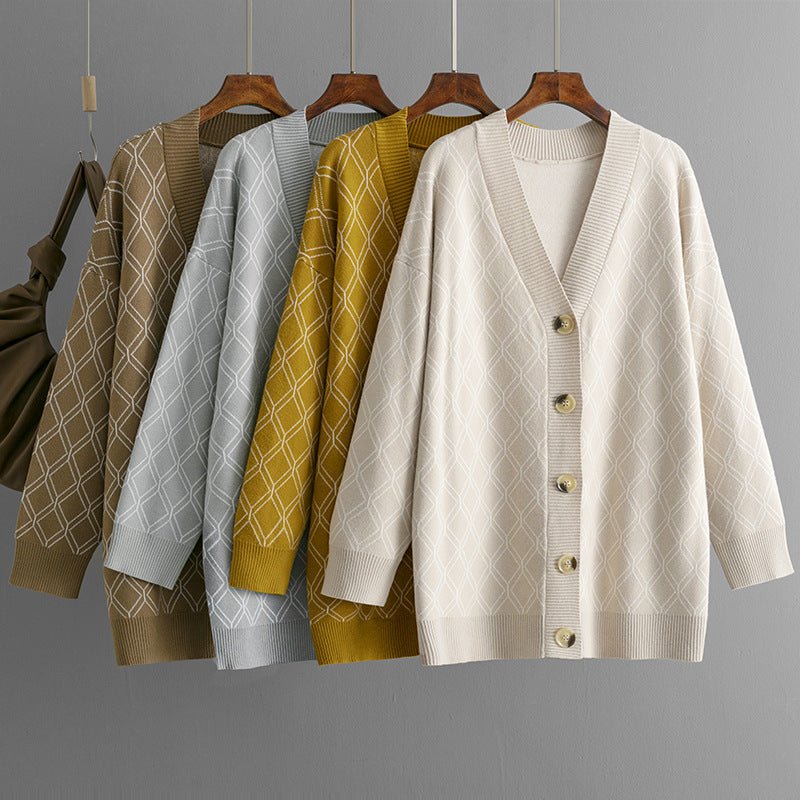 New V-Neck Long-Sleeved Loose Plaid Sweater Coat New V-Neck Long-Sleeved Loose Plaid Sweater Coat