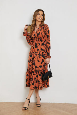 New V - neck long - sleeved high - waist floral dress for women - Negative Apparel