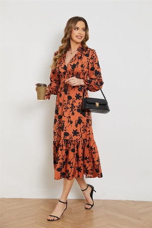 New V - neck long - sleeved high - waist floral dress for women - Negative Apparel