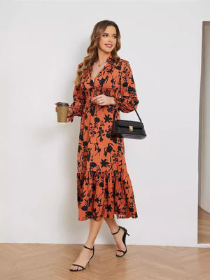 New V - neck long - sleeved high - waist floral dress for women - Negative Apparel