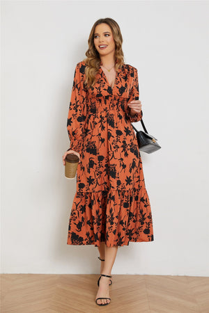 New V - neck long - sleeved high - waist floral dress for women - Negative Apparel