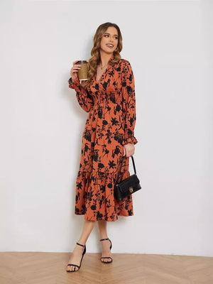 New V - neck long - sleeved high - waist floral dress for women - Negative Apparel