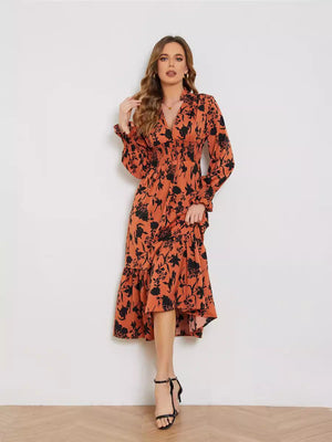 New V - neck long - sleeved high - waist floral dress for women - Negative Apparel