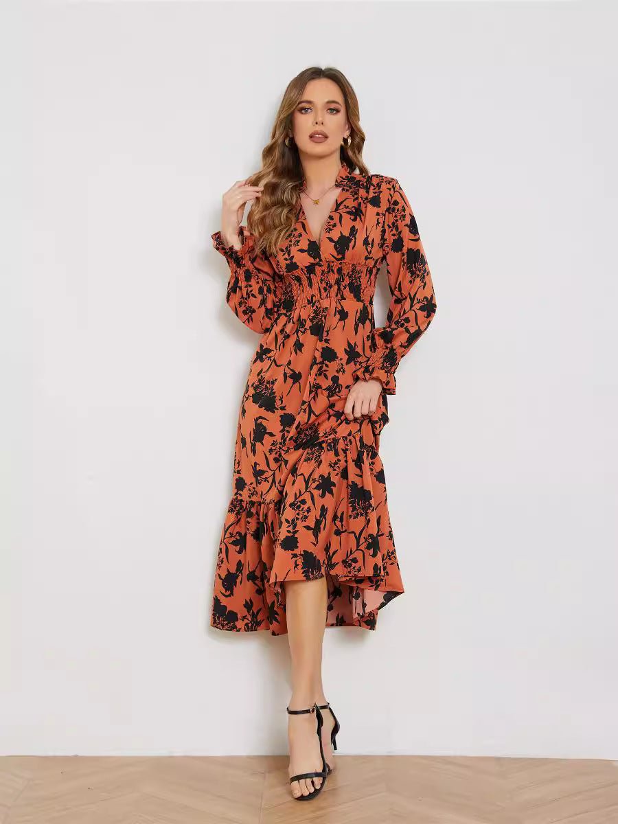 New V - neck long - sleeved high - waist floral dress for women - Negative Apparel