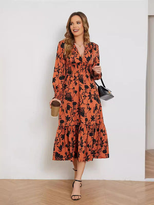 New V - neck long - sleeved high - waist floral dress for women - Negative Apparel