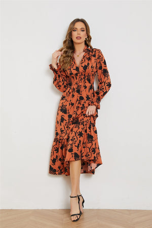 New V - neck long - sleeved high - waist floral dress for women - Negative Apparel