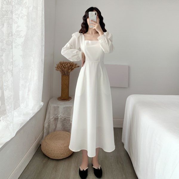 New Year long - sleeved dress temperament square collar knee - length Hepburn style little black dress - Negative Apparel