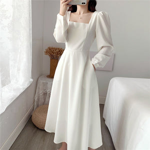 New Year long - sleeved dress temperament square collar knee - length Hepburn style little black dress - Negative Apparel