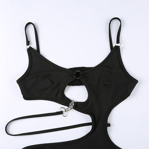 Niche style irregular hollow sexy hot girl jumpsuit metal buckle suspenders solid color bodysuit - Negative Apparel