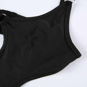 Niche style irregular hollow sexy hot girl jumpsuit metal buckle suspenders solid color bodysuit - Negative Apparel