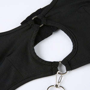 Niche style irregular hollow sexy hot girl jumpsuit metal buckle suspenders solid color bodysuit - Negative Apparel