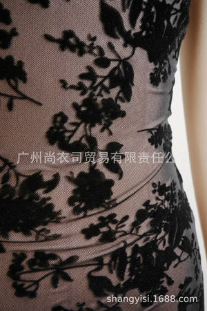 Noir Flora | Deep V - Neck Flocking Mini Dress - Negative Apparel