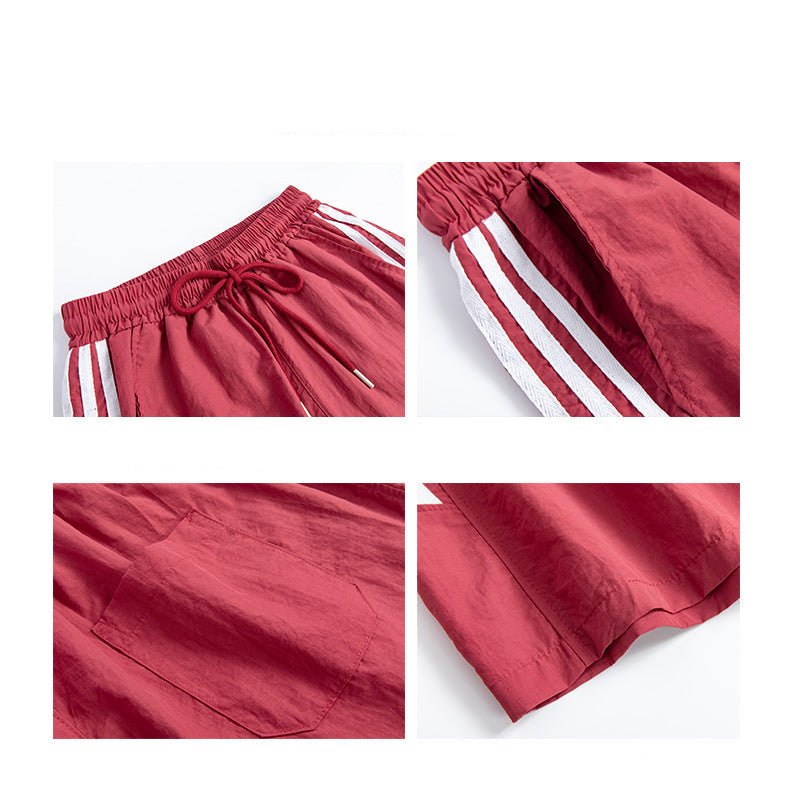 Nylon quick - drying sports shorts women's summer thin high - waisted casual wide - leg medium pants, thin outer striped five - point pants - Negative Apparel