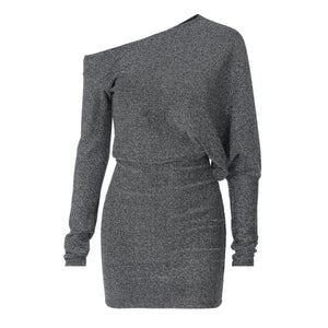 Oblique collar off - shoulder long sleeve composite bright silk fabric waist slimming bodycon dress - Negative Apparel