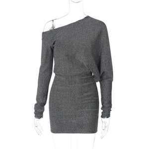 Oblique collar off - shoulder long sleeve composite bright silk fabric waist slimming bodycon dress - Negative Apparel