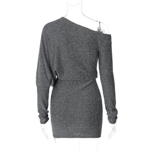 Oblique collar off - shoulder long sleeve composite bright silk fabric waist slimming bodycon dress - Negative Apparel