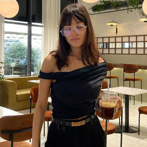 Oblique collar off - shoulder twist design pleated slim fit T-shirt - Negative Apparel