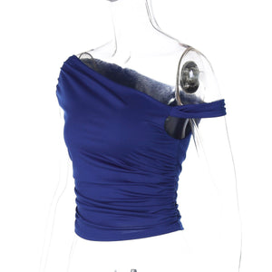 Oblique collar off - shoulder twist design pleated slim fit T-shirt - Negative Apparel