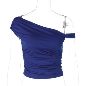 Oblique collar off - shoulder twist design pleated slim fit T-shirt - Negative Apparel