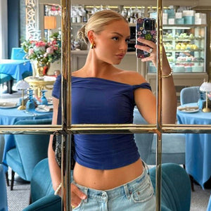 Oblique collar off - shoulder twist design pleated slim fit T-shirt - Negative Apparel