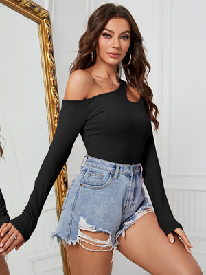 Oblique off - shoulder long - sleeved irregular knitted T-shirt slim design - Negative Apparel