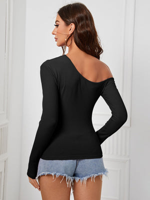 Oblique off - shoulder long - sleeved irregular knitted T-shirt slim design - Negative Apparel