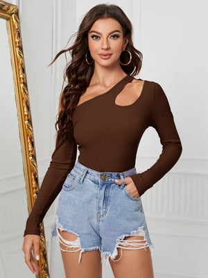 Oblique off - shoulder long - sleeved irregular knitted T-shirt slim design - Negative Apparel