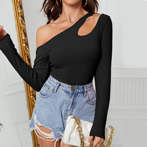 Oblique off - shoulder long - sleeved irregular knitted T-shirt slim design - Negative Apparel