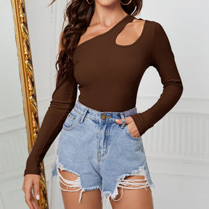 Oblique off - shoulder long - sleeved irregular knitted T-shirt slim design - Negative Apparel