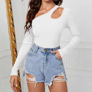 Oblique off - shoulder long - sleeved irregular knitted T-shirt slim design - Negative Apparel