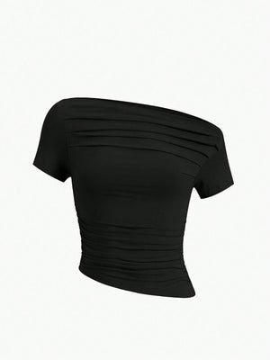Oblique shoulder slimming tight top - Negative Apparel