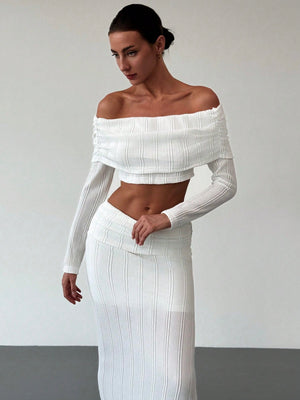 Off - Shoulder Cropped Sleeve Textured Blouse + High - Waist Textured Skirt Set For Date, - Negative Apparel