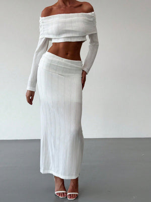 Off - Shoulder Cropped Sleeve Textured Blouse + High - Waist Textured Skirt Set For Date, - Negative Apparel