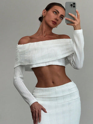 Off - Shoulder Cropped Sleeve Textured Blouse + High - Waist Textured Skirt Set For Date, - Negative Apparel