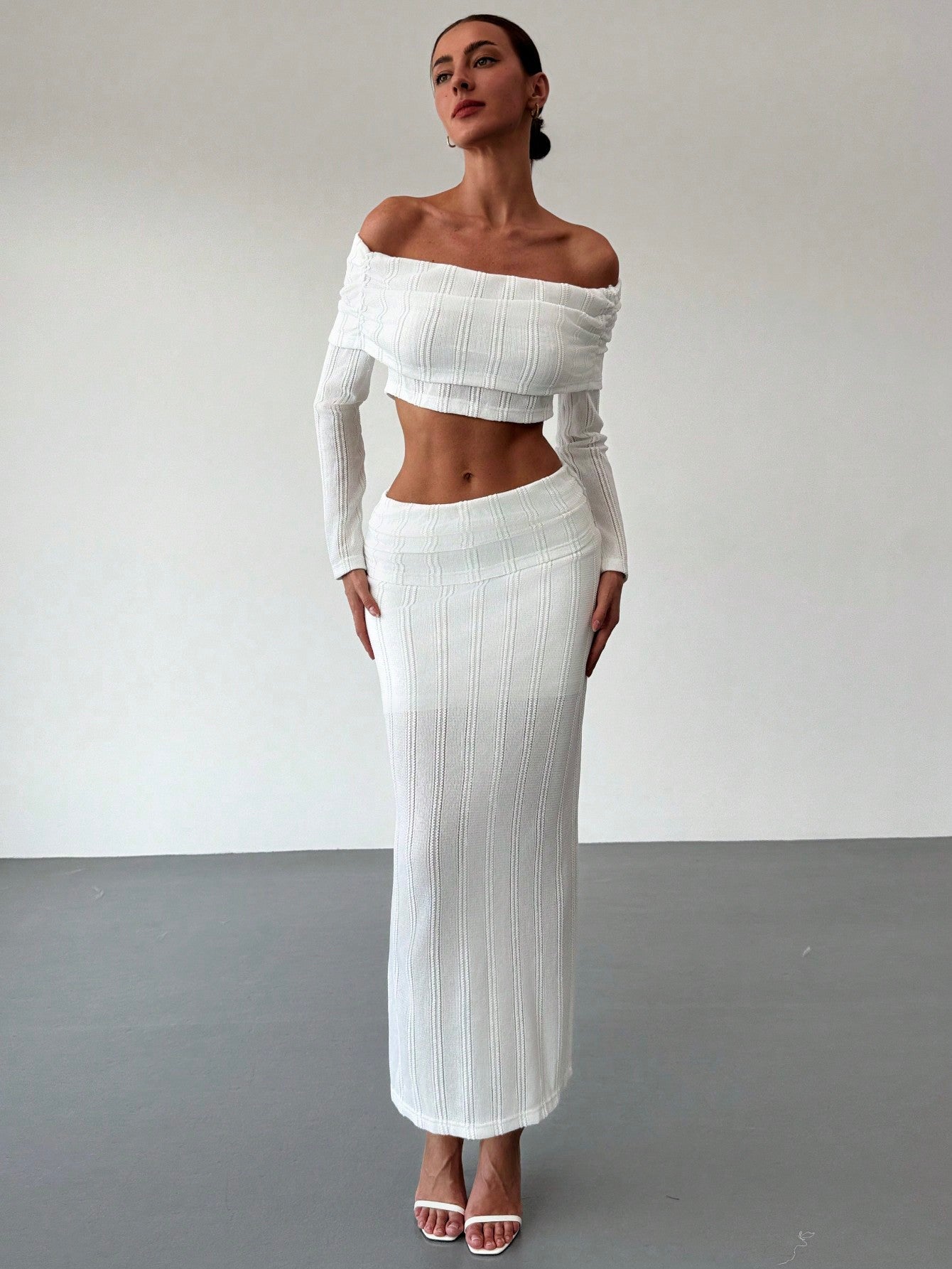 Off - Shoulder Cropped Sleeve Textured Blouse + High - Waist Textured Skirt Set For Date, - Negative Apparel