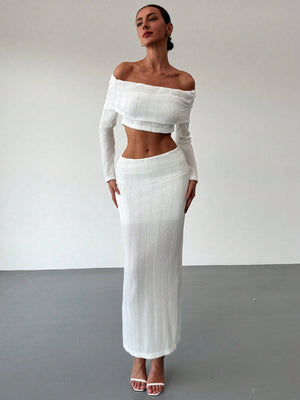 Off - Shoulder Cropped Sleeve Textured Blouse + High - Waist Textured Skirt Set For Date, - Negative Apparel